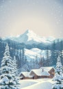 Winter mountain landscape with fir and houses