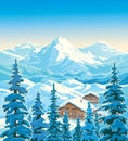 Winter mountain landscape with houses and fir-trees