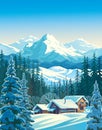 Winter mountain landscape with fir and houses