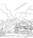 Winter Mountain Sunset landscape Hand Drawn, Art Line Sketch outdoor Alps panorama snow sports ski Hotel Holiday Hand Drawn