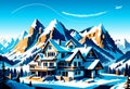 Winter Mountain landscape Hand Drawn, outdoor Alps panorama snow sports ski Hotel Holiday travel, Hand Drawn Royalty Free Stock Photo