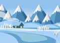 Winter mountain landscape with forest and snow-covered field on which stands the house vector illustration Royalty Free Stock Photo