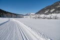Winter mountain landscape with groomed ski trails. Leogang, Tirol, Alps, Austria Royalty Free Stock Photo