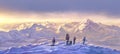 Winter mountain landscape and a group of extreme tourists