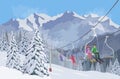 Winter mountain landscape. Lifts for skiing. Vector