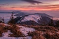 Winter mountain landscape in Mala Fatra at winter from on hill peek Stoh peak at sunrise, Osnica, Slovakia. Royalty Free Stock Photo