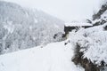 Winter mountain landscape with old traditional alpine houses