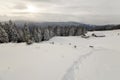 Winter mountain landscape. Old wooden houses on snowy clearing on background of mountain ridge, spruce forest and cloudy sky. Royalty Free Stock Photo