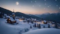 winter mountain landscape A peaceful village in the mountains. The houses are covered with snow and smoke is rising Royalty Free Stock Photo