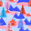 Winter mountain landscape seamless pattern with pine forest and lonely cabin Royalty Free Stock Photo