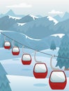 Winter mountain landscape with ski lifts on the slope. Ski resort. Flat vector illustration