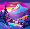 Winter mountain landscape with small cozy house, Vector illustration. beautiful graphic illustration, pop art Royalty Free Stock Photo