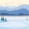 Winter mountain landscape with snow and illuminated mountain peaks, river, fir tree, plain, sunset. Royalty Free Stock Photo