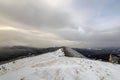 Winter mountain landscape, snowy peaks and spruce trees under cloudy sky on cold winter day Royalty Free Stock Photo