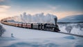 winter mountain landscape _A steam train on a cold and snowy day in the winter. The train is a cozy and warm refuge, Royalty Free Stock Photo