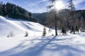 Winter mountain landscape in sunny day in Filzmoos Valley, Salzburg Alps, Austria, Europe. Snow covers the valley. Royalty Free Stock Photo