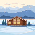 Winter mountain landscape with wooden house, chalet, snow, illuminated mountain peaks, river, fir trees, illuminated windows. Royalty Free Stock Photo