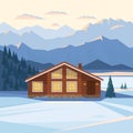 Winter mountain landscape with wooden house, chalet, snow, illuminated mountain peaks, hill, forest, river, fir trees. Royalty Free Stock Photo