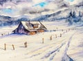 Winter mountain landscape with wooden house and cloudy sky.