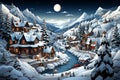 Winter mountain night view of a village. Christmas holidays Royalty Free Stock Photo