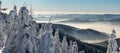 Winter mountain panorama from hiking trail bellow Lysa hora hill in Moravskoslezske Beskydy mountains in Czech republic Royalty Free Stock Photo