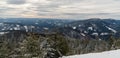 Winter mountain panorama with Sance water reservoir and many hills from hiking trail near Lysa hora hill summit in Moravskoslezske Royalty Free Stock Photo