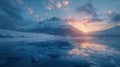 Winter mountain peak at sunset with snowy reflection on icy lake, picturesque snowy landscape Royalty Free Stock Photo