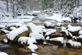 Winter at mountain river. Big stones in stream covered with fresh powder snow and lazy water with low level.