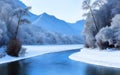 winter mountain river landscape. Ai generated Royalty Free Stock Photo