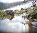 Winter at mountain river. Reflections of clouds in water level. Royalty Free Stock Photo