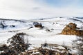 Winter mountain snow valley landscape. Bright high sun above winter snow mountain valley panorama. Siberia landscape Royalty Free Stock Photo