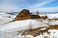 Winter mountain snow valley landscape. Bright high sun above winter snow mountain valley panorama. Siberia landscape Royalty Free Stock Photo