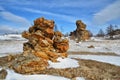 Winter mountain snow valley landscape. Bright high sun above winter snow mountain valley panorama. Siberia landscape Royalty Free Stock Photo