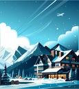Winter Mountain Sunset landscape Hand Drawn, outdoor Alps panorama snow sports ski Hotel Holiday travel, Hand Drawn Royalty Free Stock Photo