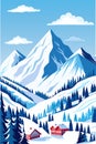 Winter Mountain Sunset landscape Hand Drawn, outdoor Alps panorama snow sports ski Hotel Holiday travel, Hand Drawn