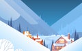 Winter Mountain Village Landscape Background, Night Snow Trees Forest Royalty Free Stock Photo