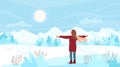 Winter mountain walk and adventure of dreamy girl, back view, young woman hiking alone