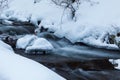 Winter mountain waterfall snow scene. Snowy mountain waterfall landscape. Winter mountain waterfall in Shipot waterfall Royalty Free Stock Photo