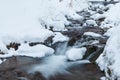 Winter mountain waterfall snow scene. Snowy mountain waterfall landscape. Winter mountain waterfall in Shipot waterfall Royalty Free Stock Photo