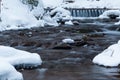 Winter mountain waterfall snow scene. Snowy mountain waterfall landscape. Winter mountain waterfall in Shipot waterfall Royalty Free Stock Photo