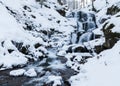 Winter mountain waterfall snow scene. Snowy mountain waterfall landscape. Winter mountain waterfall in Shipot waterfall Royalty Free Stock Photo