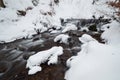 Winter mountain waterfall snow scene. Snowy mountain waterfall landscape. Winter mountain waterfall in Shipot waterfall Royalty Free Stock Photo