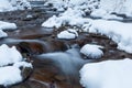 Winter mountain waterfall snow scene. Snowy mountain waterfall landscape. Winter mountain waterfall in Shipot waterfall Royalty Free Stock Photo