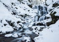 Winter mountain waterfall snow scene. Snowy mountain waterfall landscape. Winter mountain waterfall in Shipot waterfall Royalty Free Stock Photo