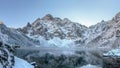 Winter mountains. Winter background. Christmas and New Year vacation concept. winter mountain. Snowy rocks and ice lake. Morning