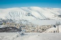 Winter mountains with frozen lake in Russia, Khibiny, Kola Peninsula Royalty Free Stock Photo