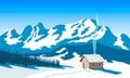 Winter mountains landscape with house, skies, snow, sun light, chimney smoke, forest silhouettes, ski run. Fir tree. Vector Royalty Free Stock Photo