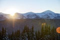 Winter mountains landscape panorama at sunrise. Clear blue sky over dark spruce pine trees forest, covered with snow mountain Royalty Free Stock Photo