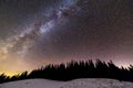 Winter mountains night landscape panorama. Milky Way bright constellation in dark blue starry sky over dark spruce pine trees Royalty Free Stock Photo