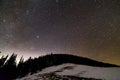 Winter mountains night landscape panorama. Milky Way bright constellation in dark blue starry sky over dark spruce pine trees Royalty Free Stock Photo